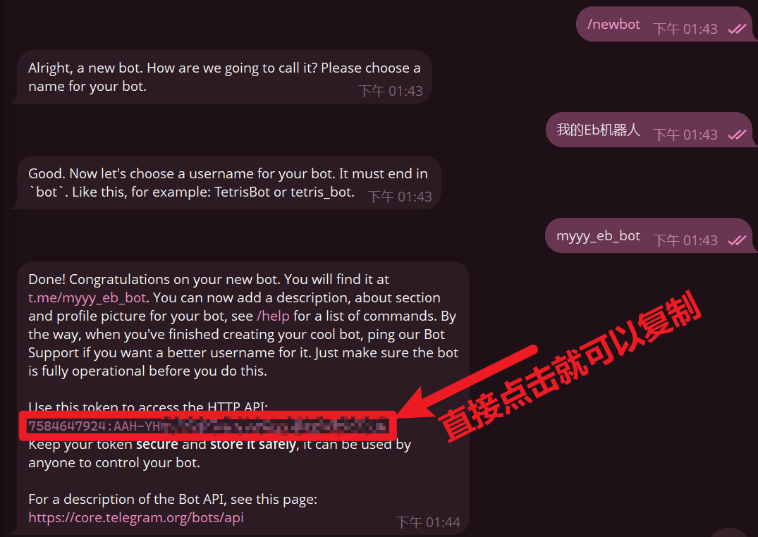 BotFather 返回 Token 的截图,标注 Token 位置