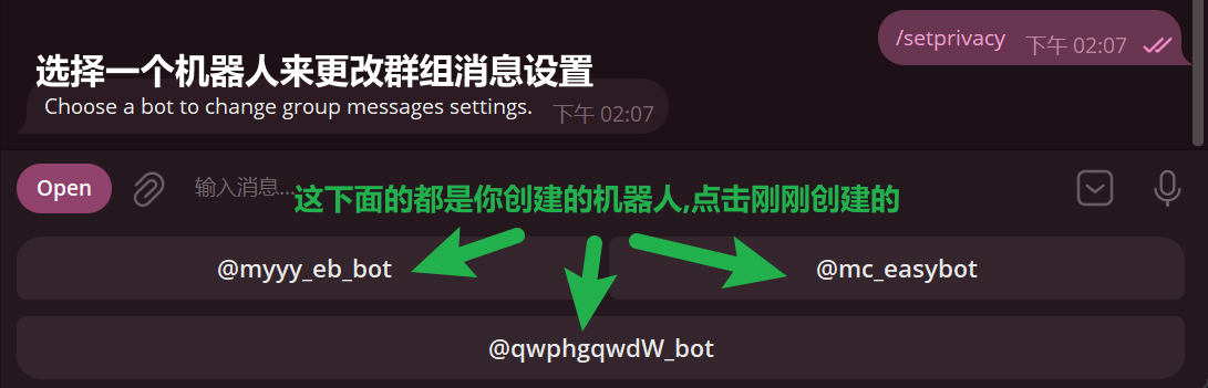 /setprivacy 后选择机器人的截图